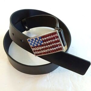 Perry Ellis American Flag Bling Buckle Black Leather Belt  Patriotic Usa  M/L